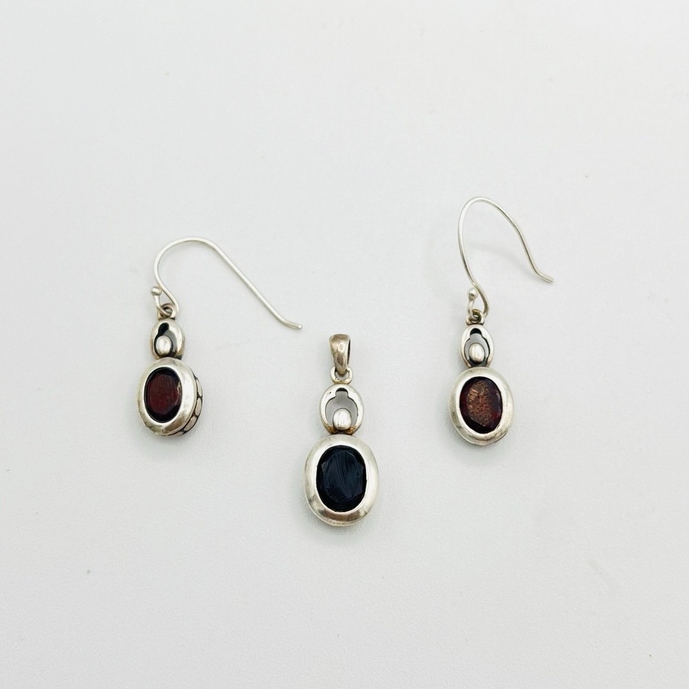 Vintage LUCAS LAMETH LUC 925 Sterling Silver Red Garnet Pendant Dangle Earrings